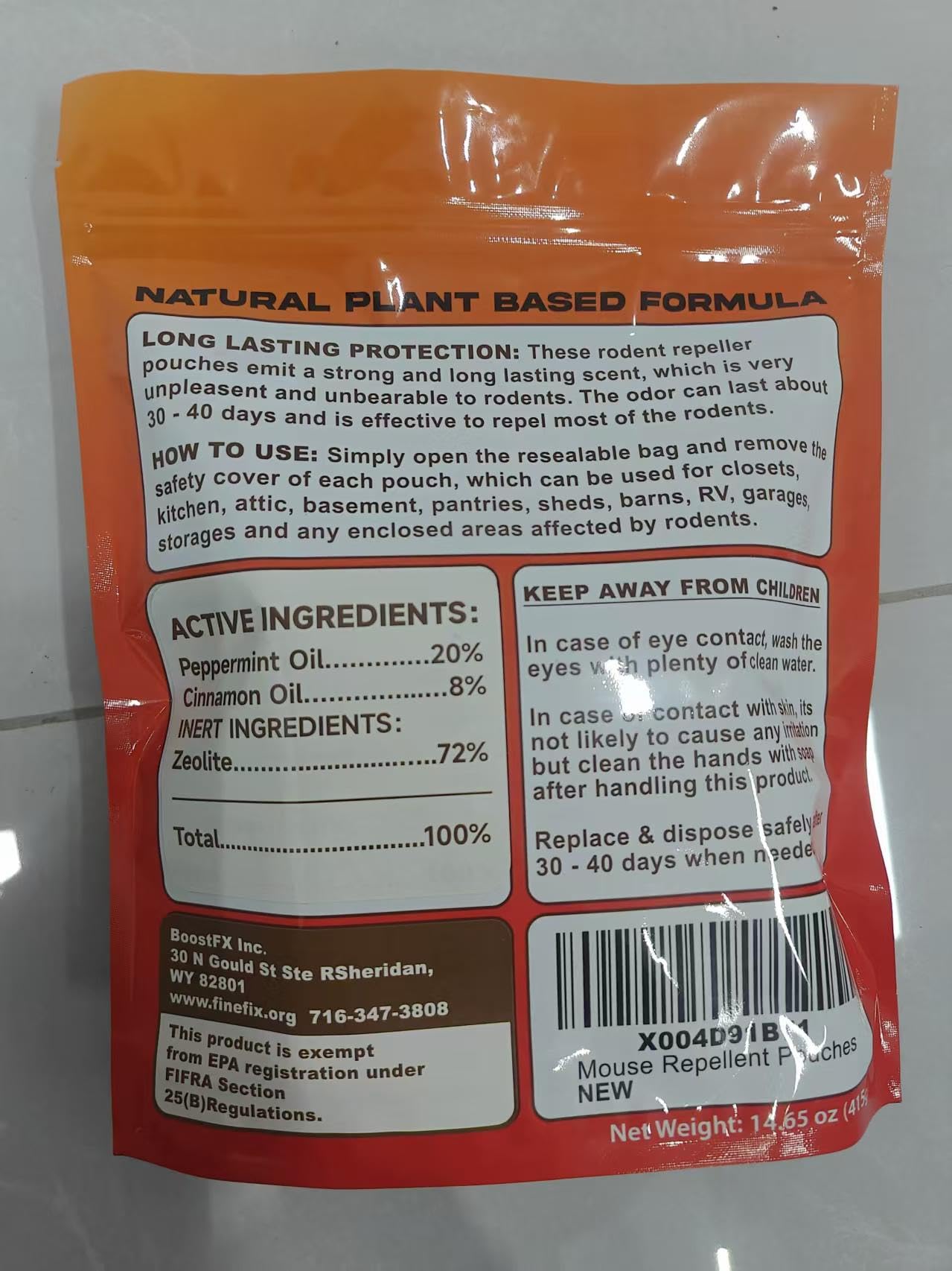 FineFix rodent pouches opened reveal natural plant-based scent for deterrence.