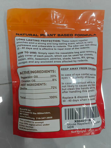 FineFix rodent pouches opened reveal natural plant-based scent for deterrence.