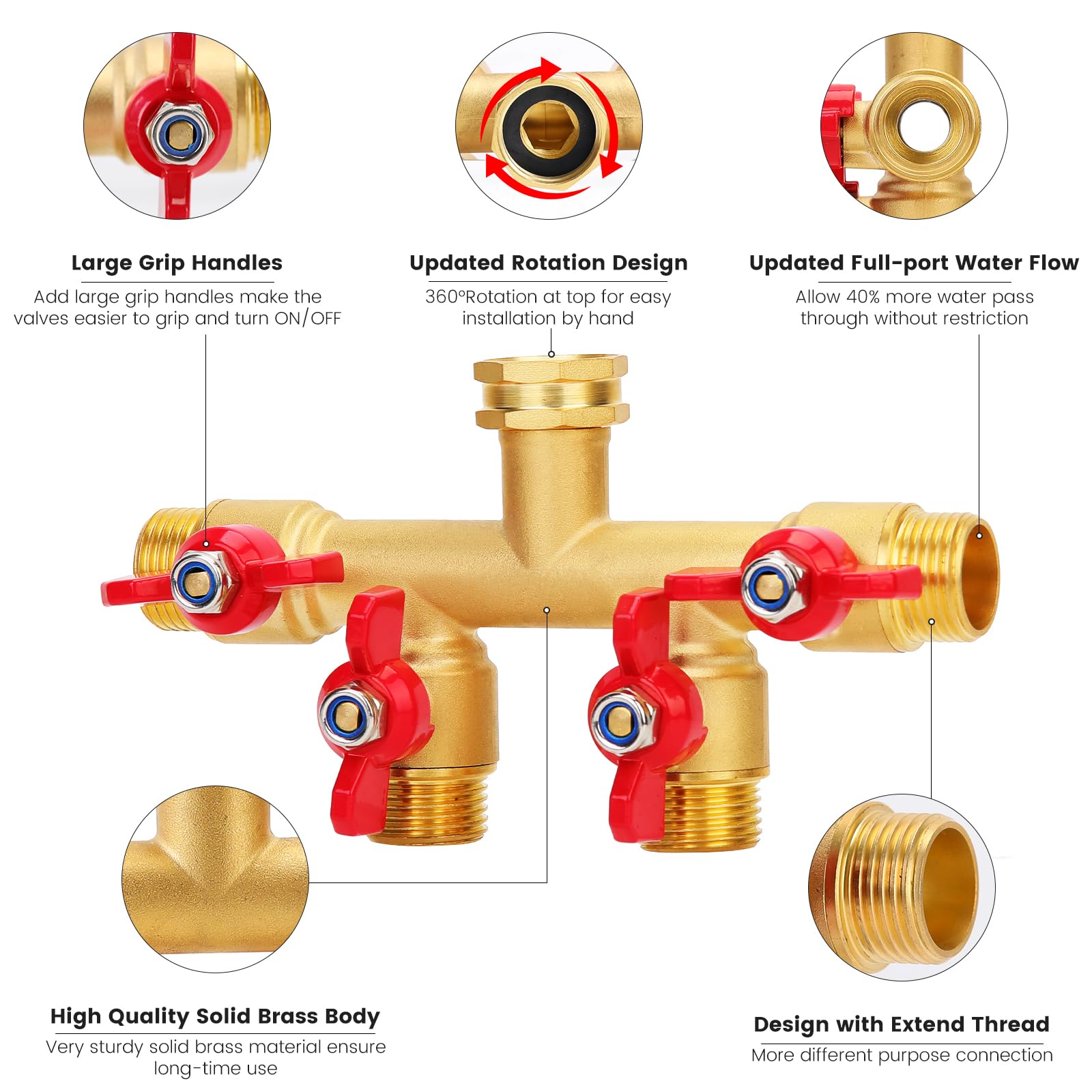 FINEST+ brass hose splitter with metal handle for easy operation.