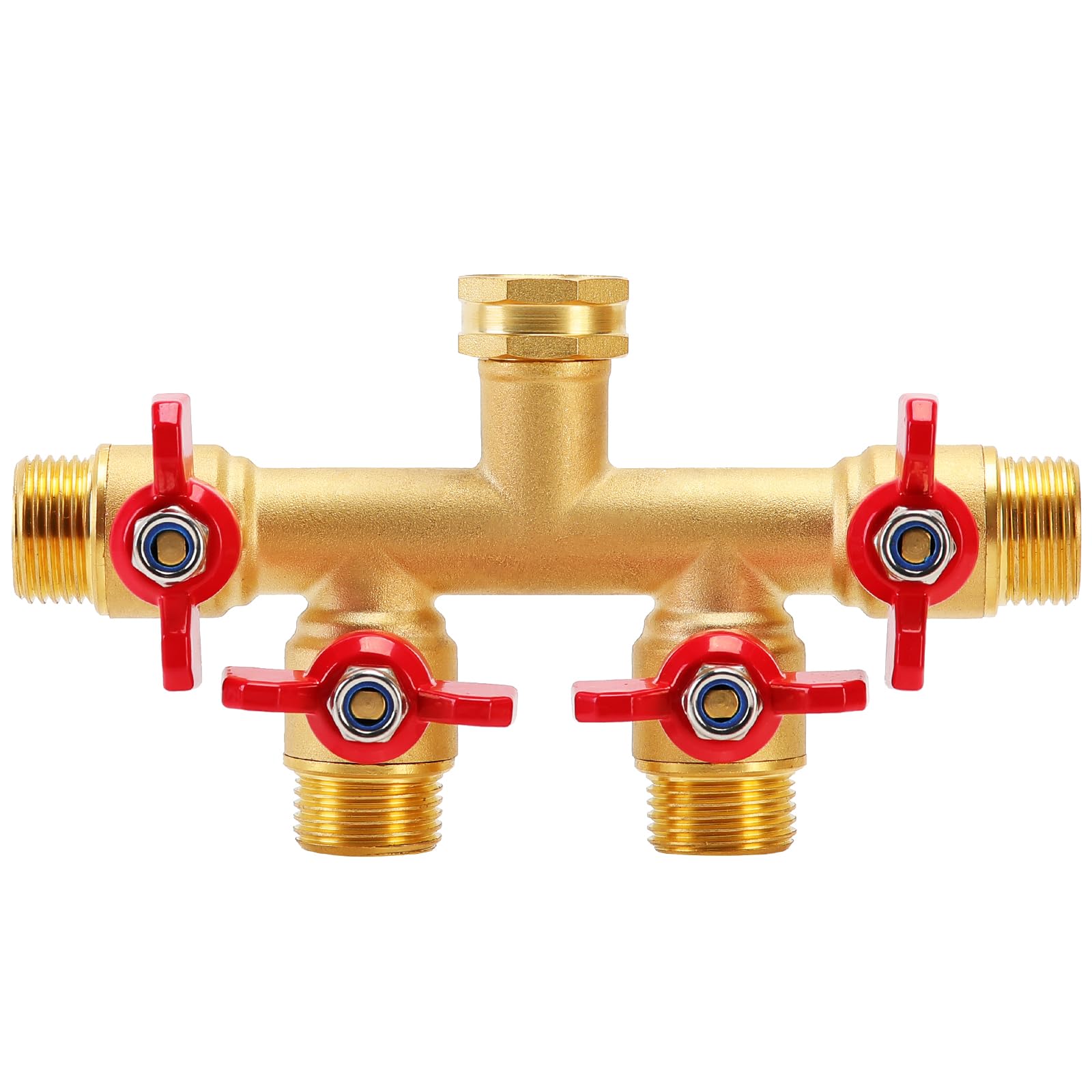 FINEST+ four-way brass hose splitter enables simultaneous watering for multiple hoses.