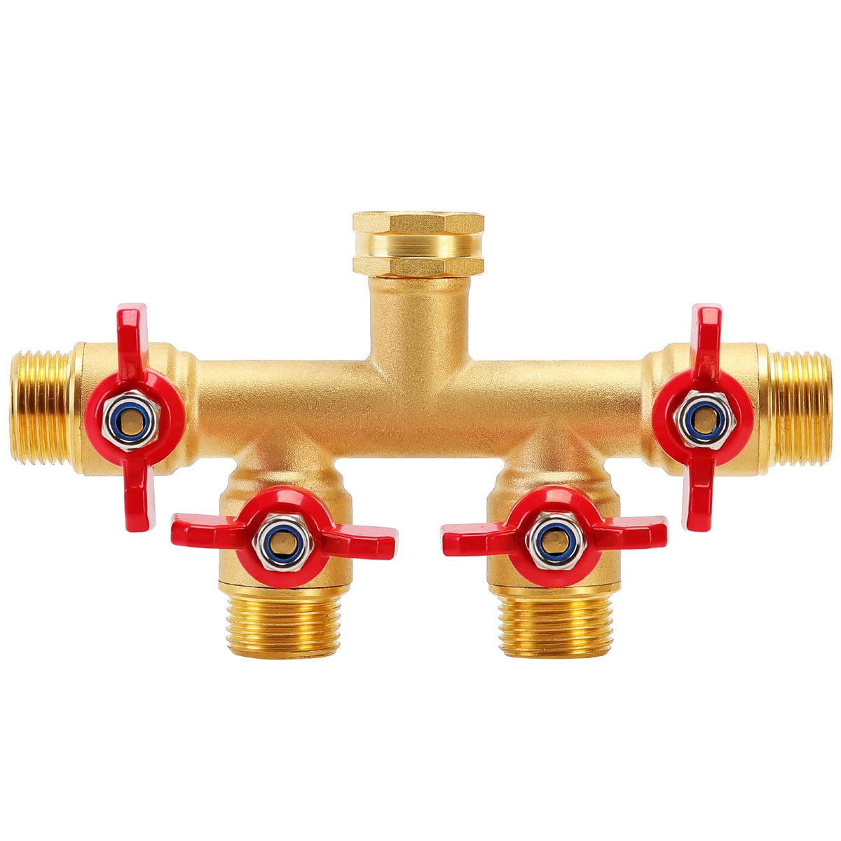 FINEST+ four-way brass hose splitter enables simultaneous watering for multiple hoses.