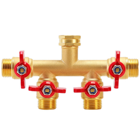 FINEST+ four-way brass hose splitter enables simultaneous watering for multiple hoses.