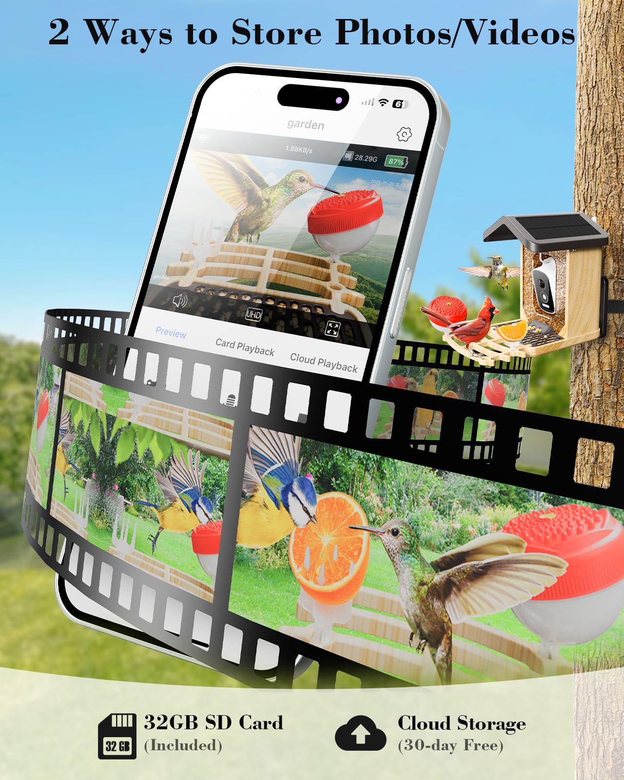 Fingarden Bird Feeder includes 32GB SD card for long clips storage
