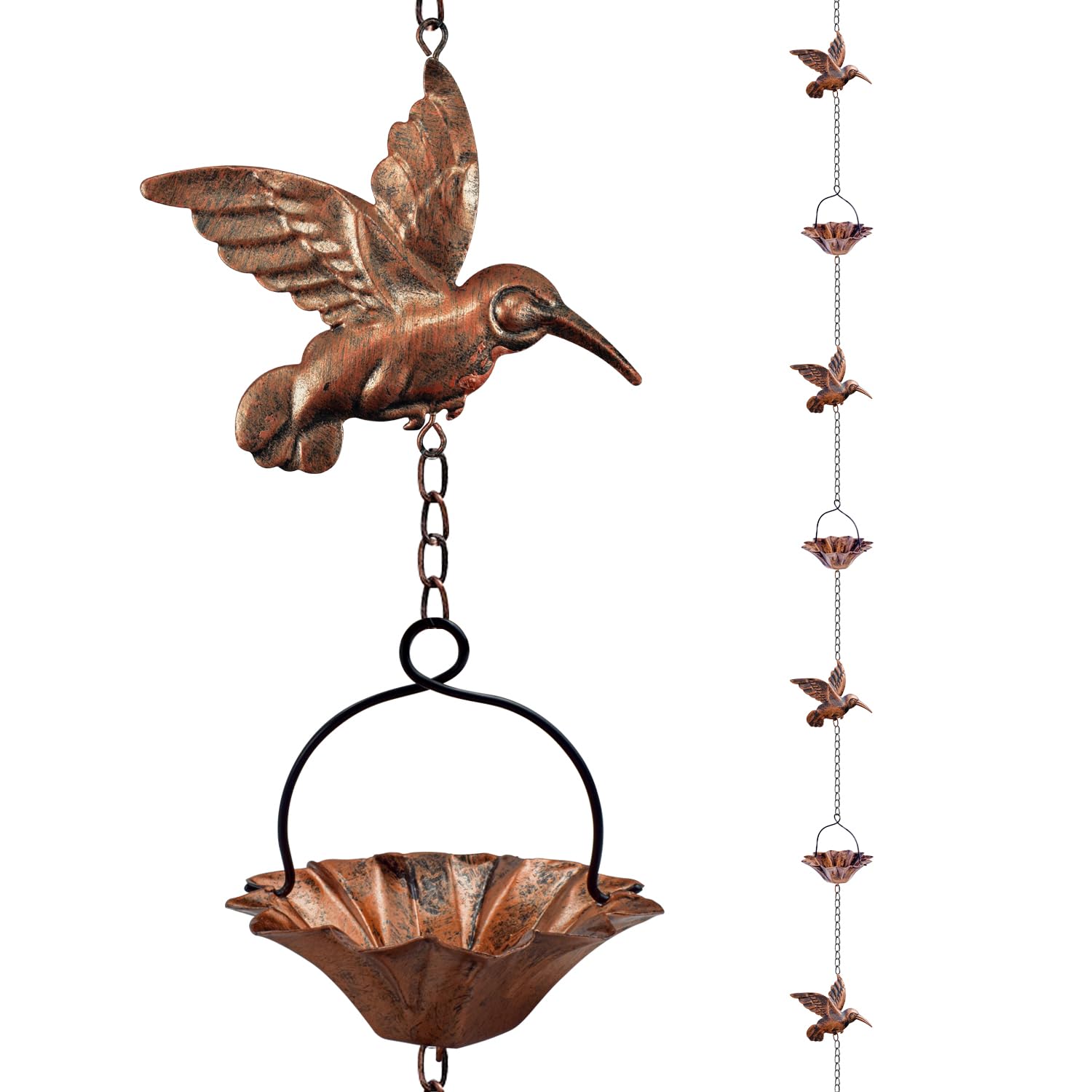Finphoon copper rain chain with garden cups directs rain and enhances outdoor aesthetics.