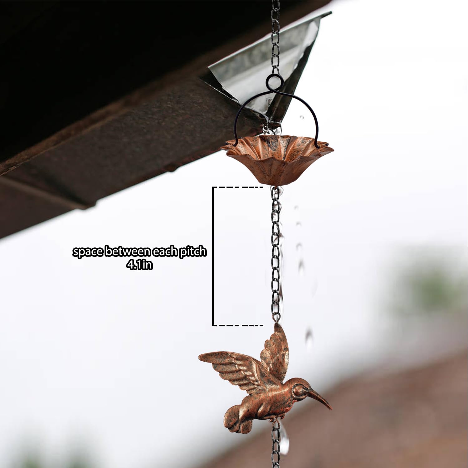 Finphoon rain chain with adapter supports quick tool-free installation over gutters.