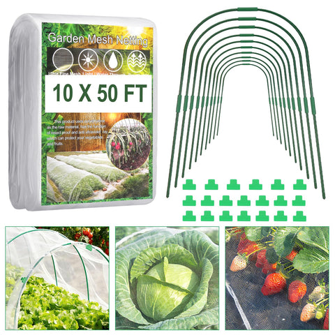 Fippy Garden Netting Kit netting rolled out over a 10x50 ft area for pest protection.