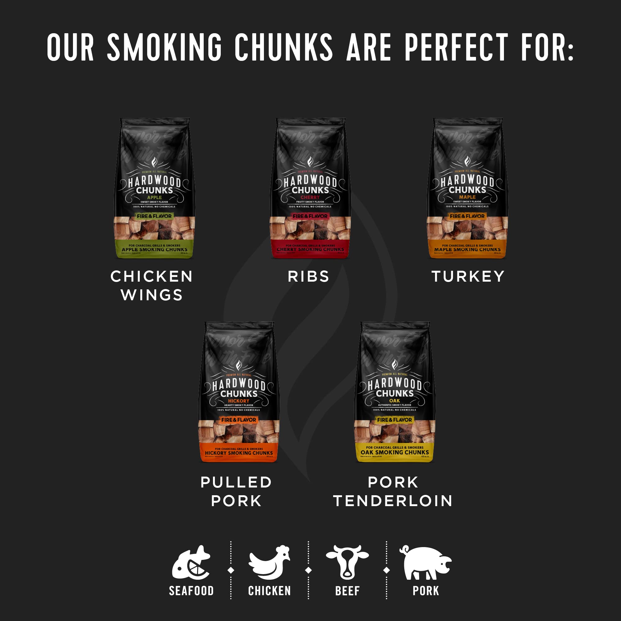 Fire and Flavor cherry wood chunks packaging showing all-natural hardwood