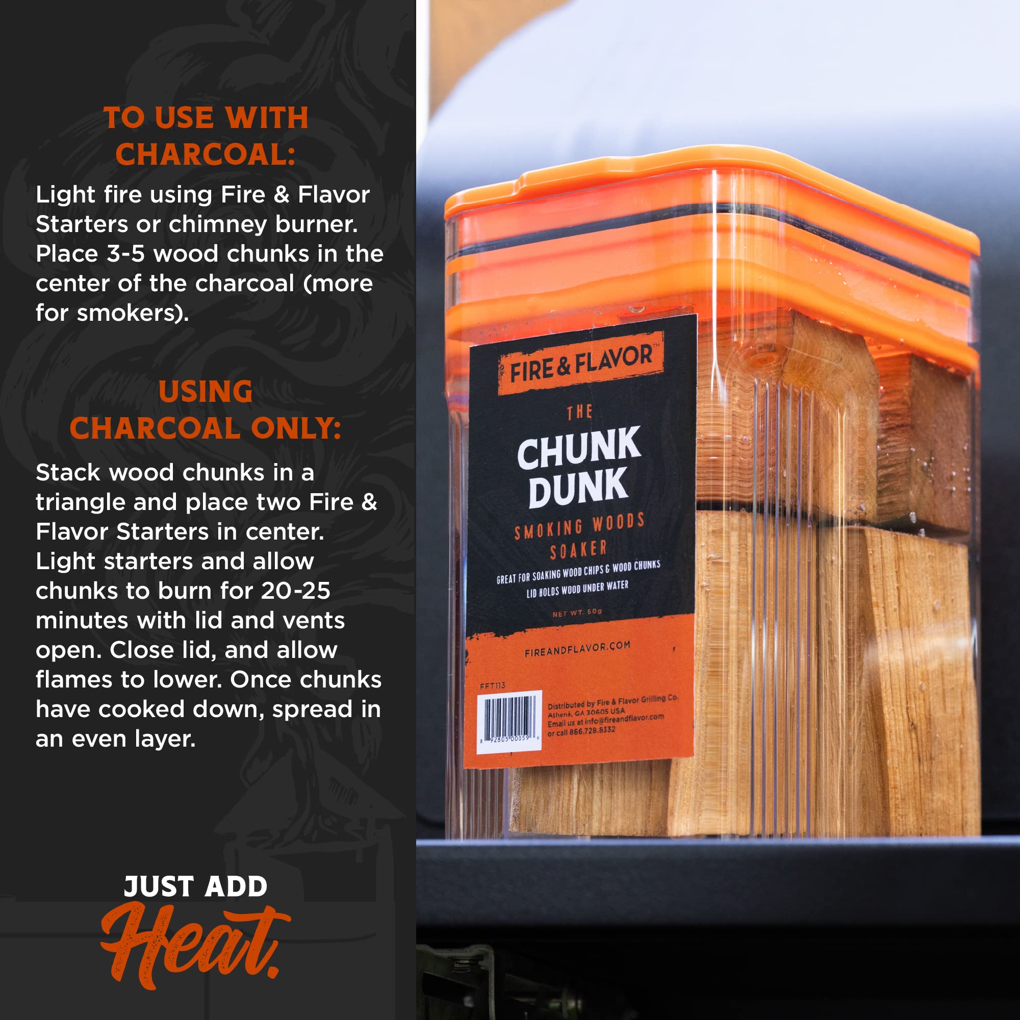 Fire & Flavor hickory chunks in smoker box for deep, consistent smoke