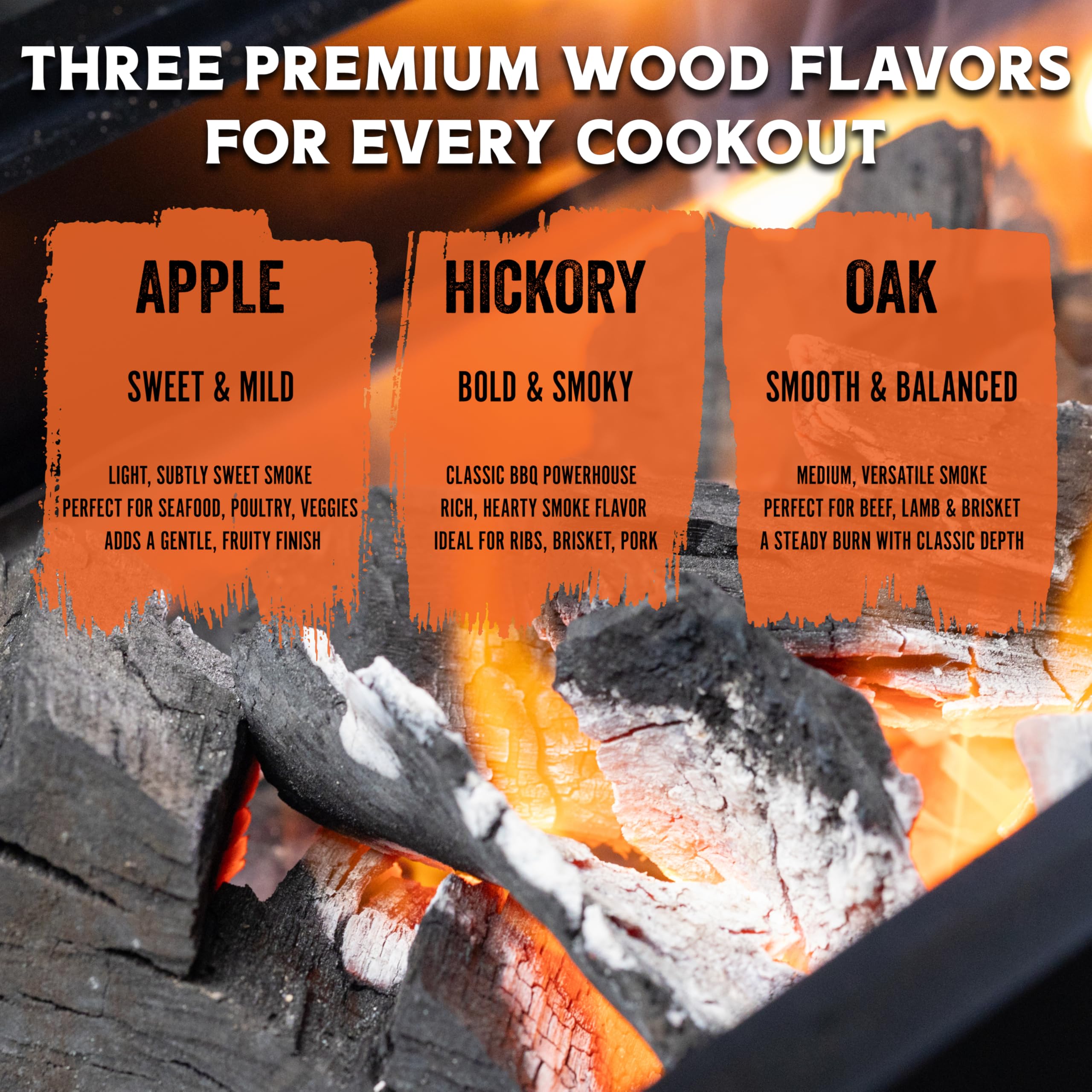 Close-up of Fire & Flavor oak wood chunks shows natural hardwood.