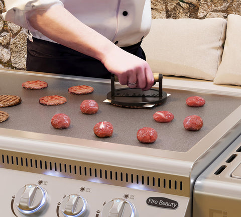 Fire Beauty bacon-press helps prevent curling for even cooking.