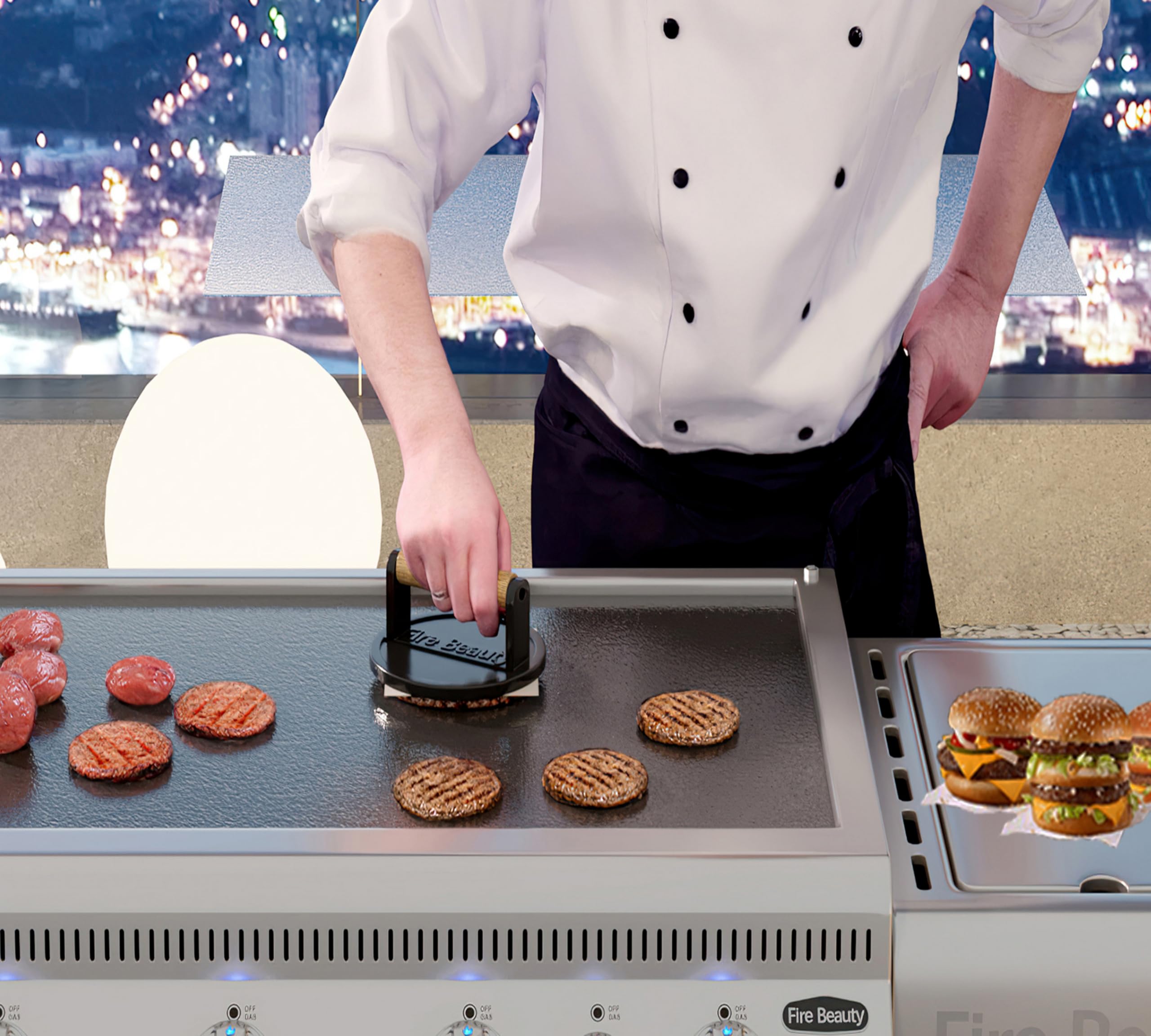 Fire Beauty cast-iron press-base distributes heat evenly for bacon and burgers.