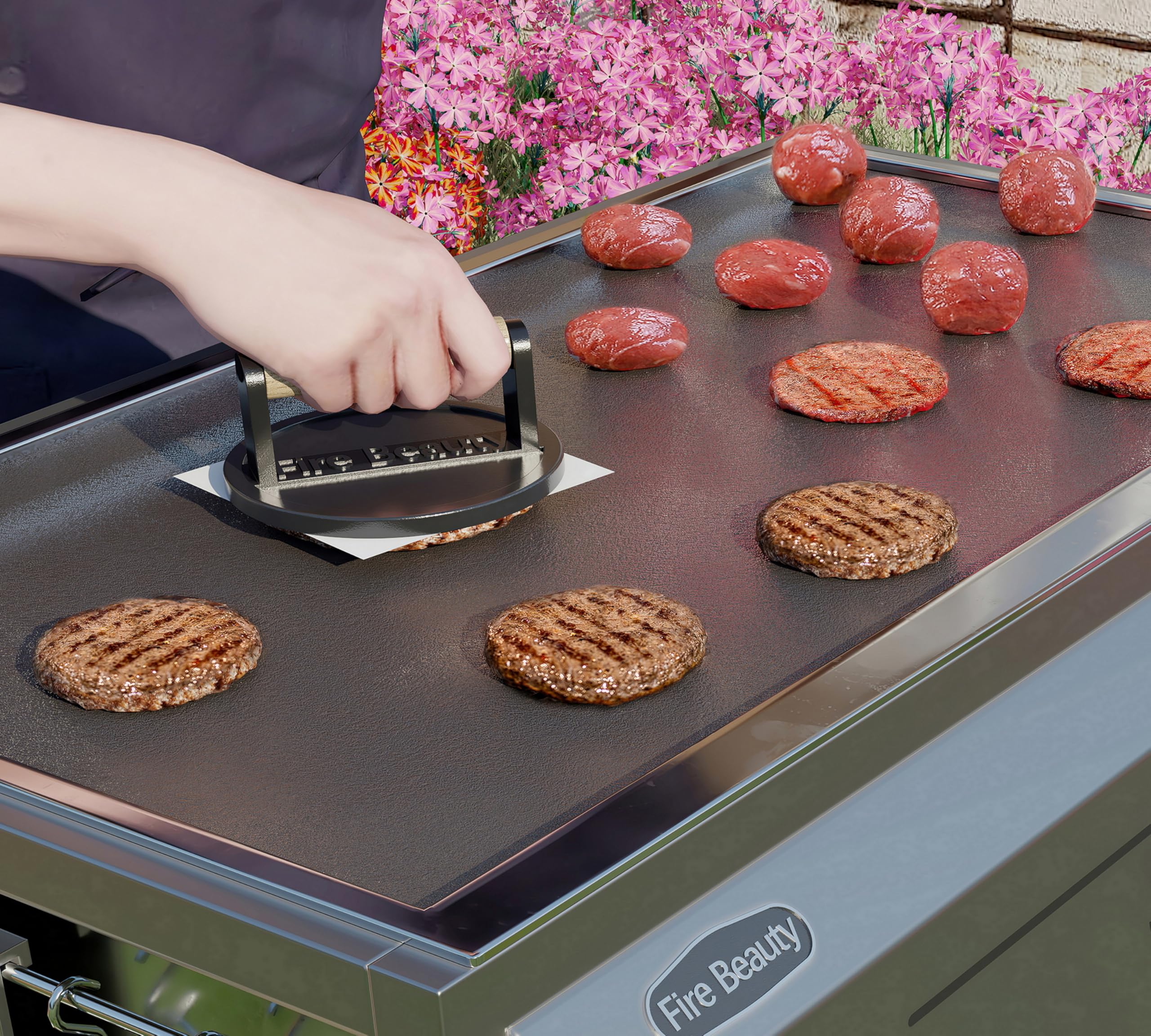 Fire Beauty flat-bottom design creates restaurant-style patty thickness and uniform browning.