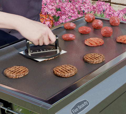 Fire Beauty flat-bottom design creates restaurant-style patty thickness and uniform browning.