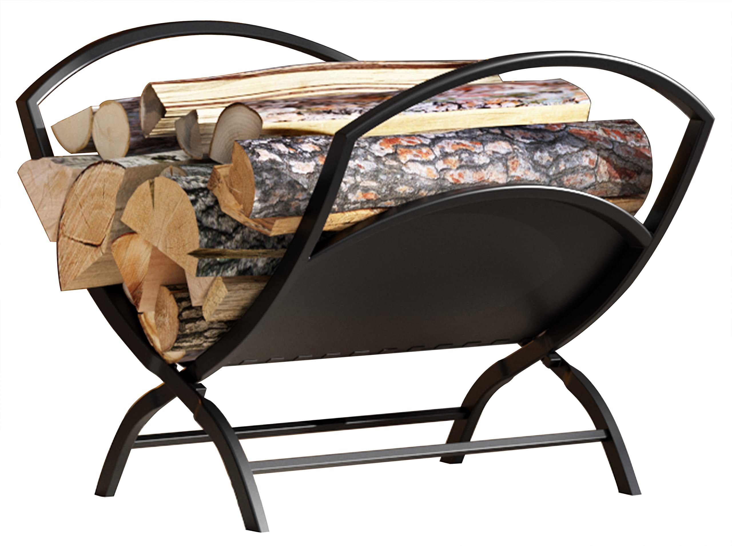 Fire Beauty folding log holder outdoors and indoors for organized firewood storage