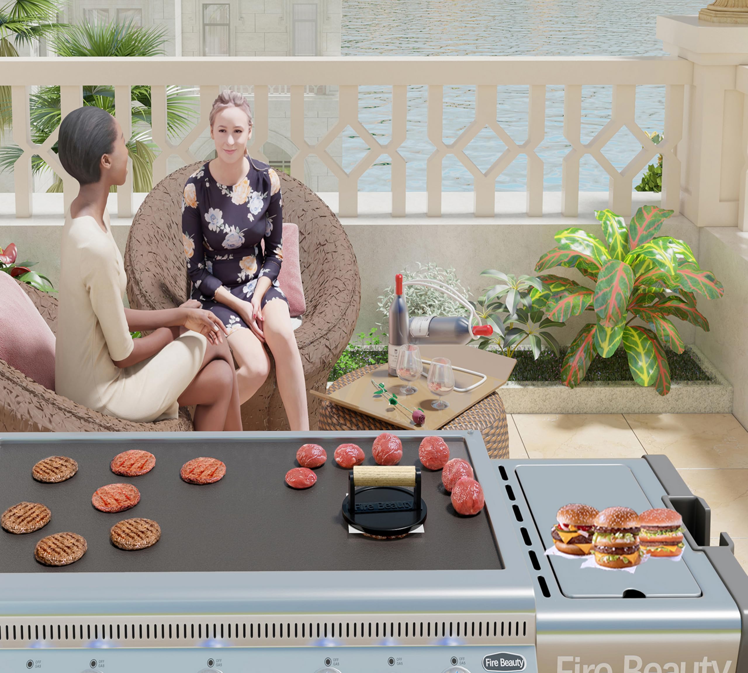 Fire Beauty griddle and campfire use enables indoor or outdoor searing.