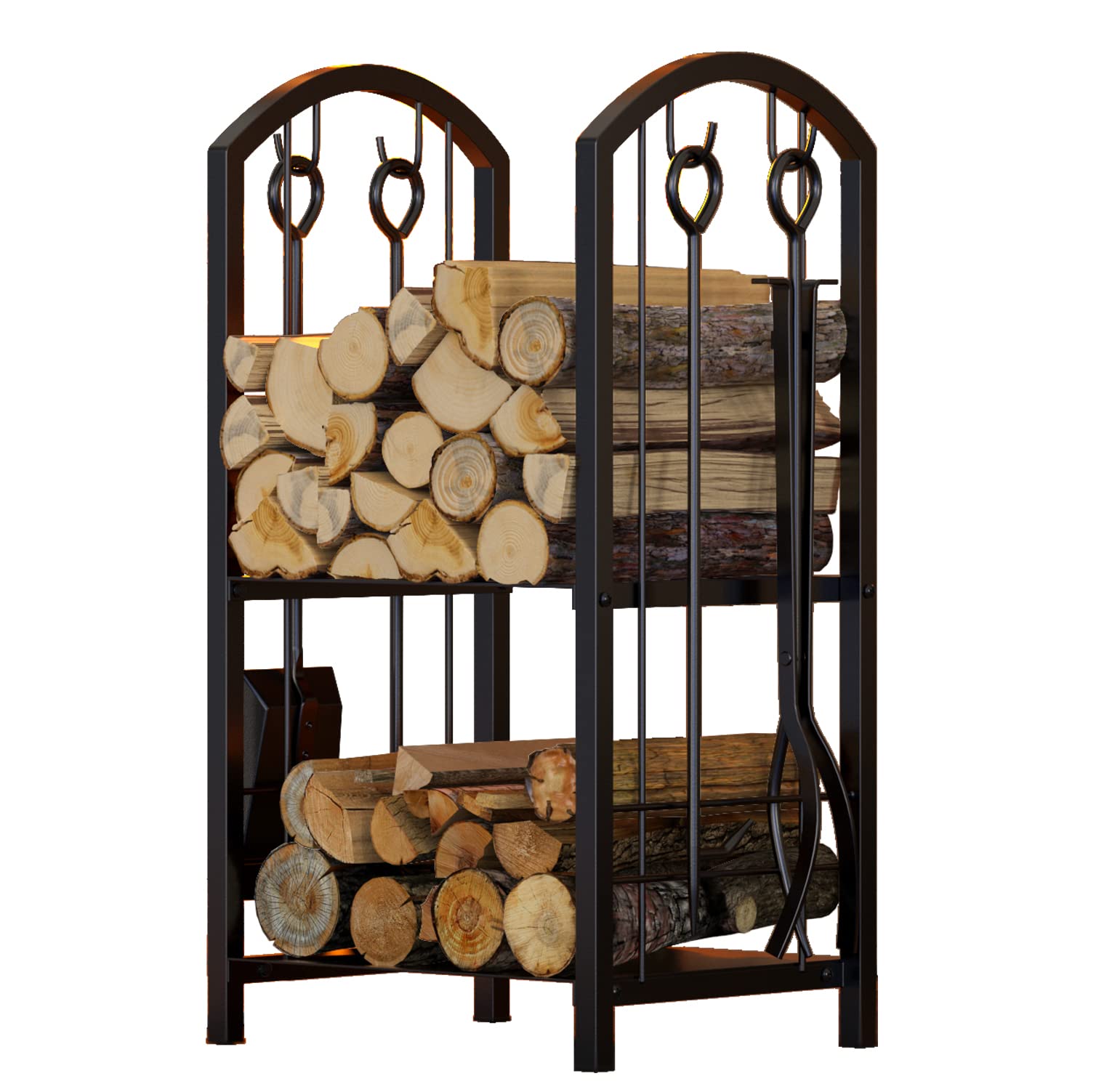 Fire Beauty log rack with steel shelf for fire starters and magazines