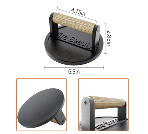 Fire Beauty stay-cool wood handle protects hands during grilling and pressing.