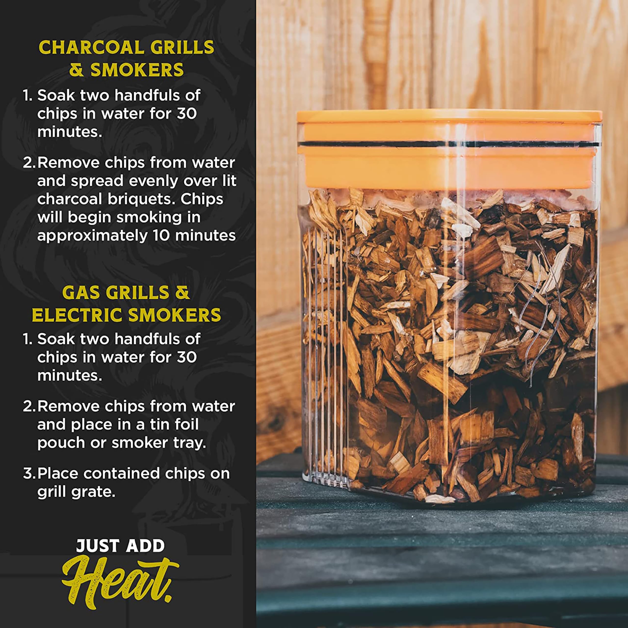 Fire & Flavor hickory chips on a charcoal grill for deep flavor.