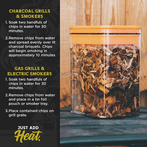Fire & Flavor hickory chips on a charcoal grill for deep flavor.