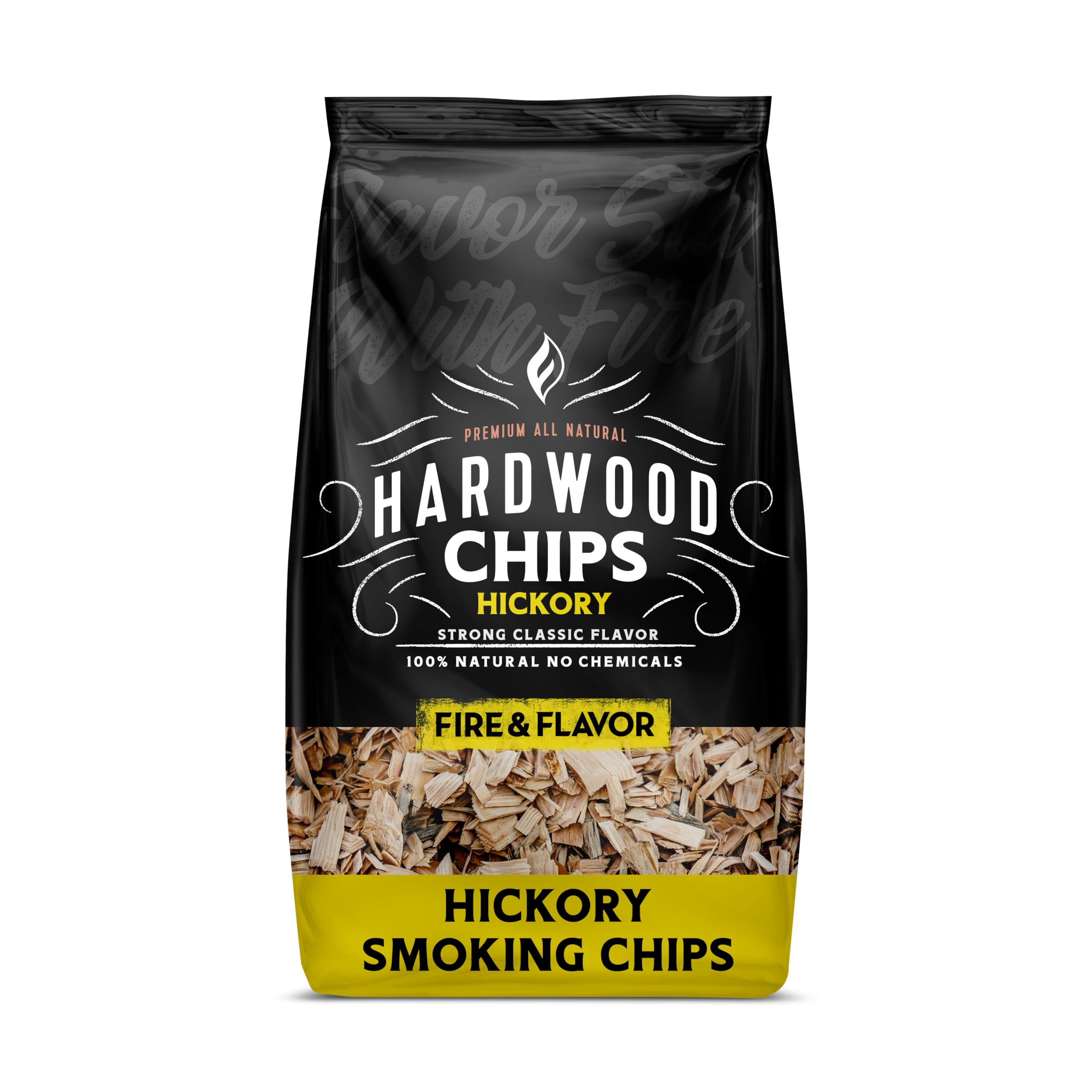 Fire & Flavor premium hickory wood chips in bag for authentic smoky flavor.