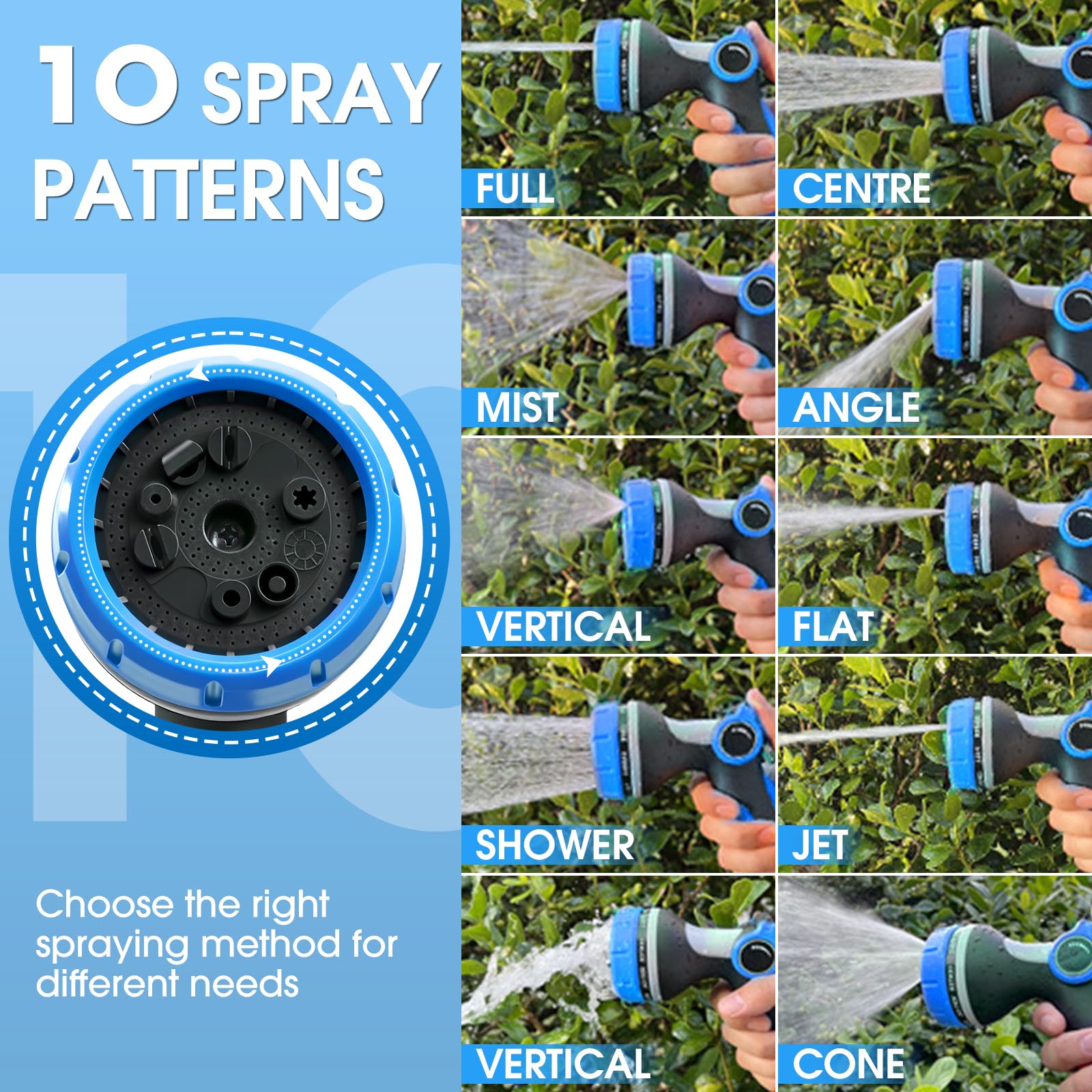 Fire Frog nozzle showing 10-pattern dial for versatile watering options.