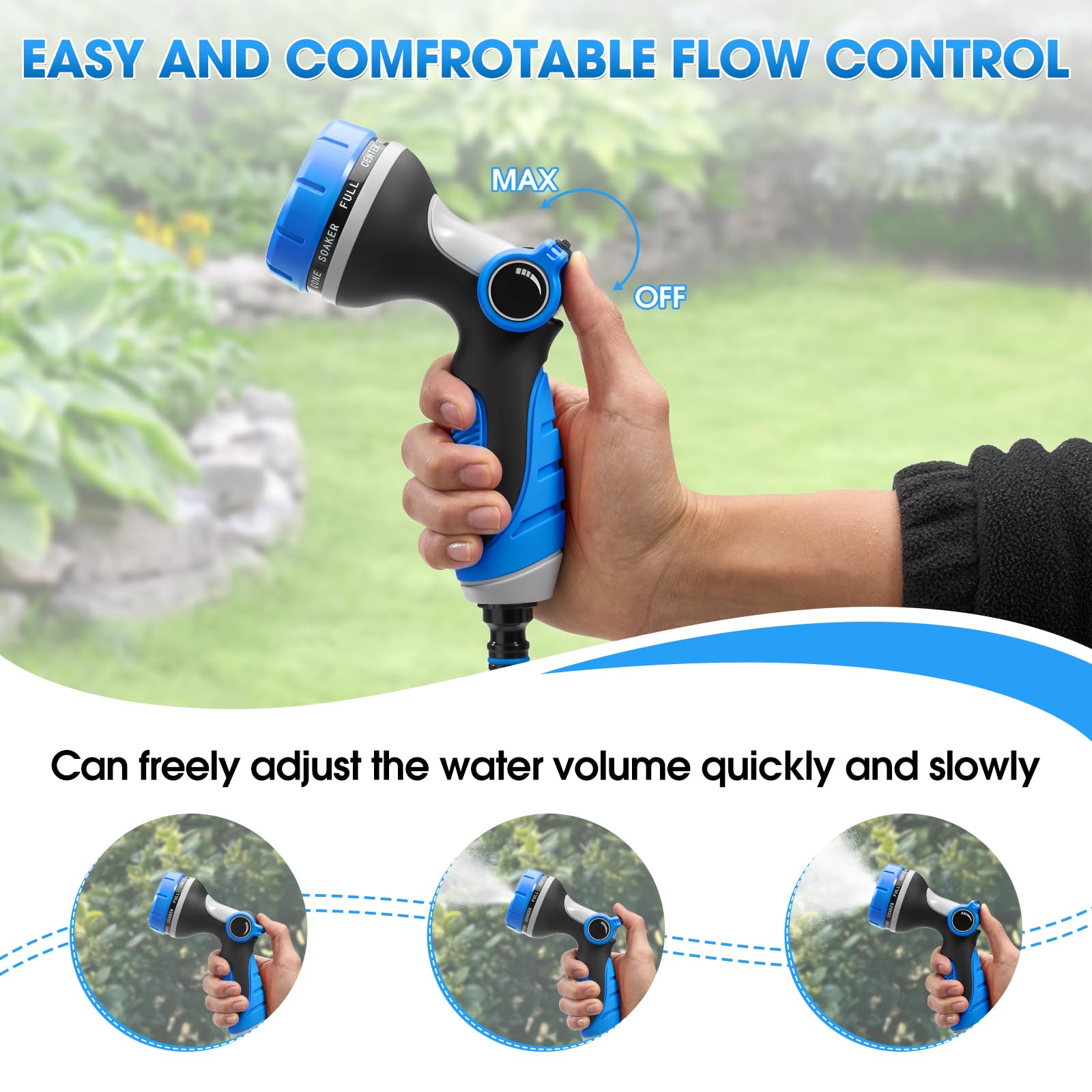 Fire Frog hose nozzle rotates 360° for flexible spray direction.