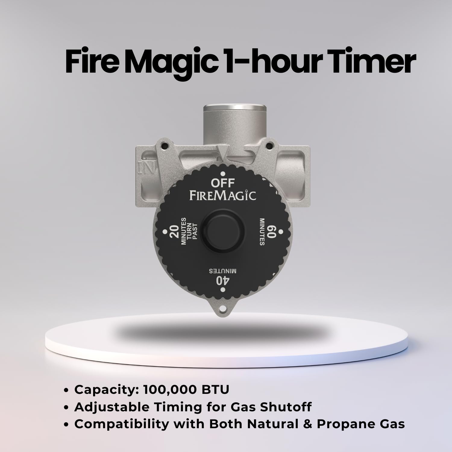 Fire Magic dial closeup highlights precise one-hour adjustment.