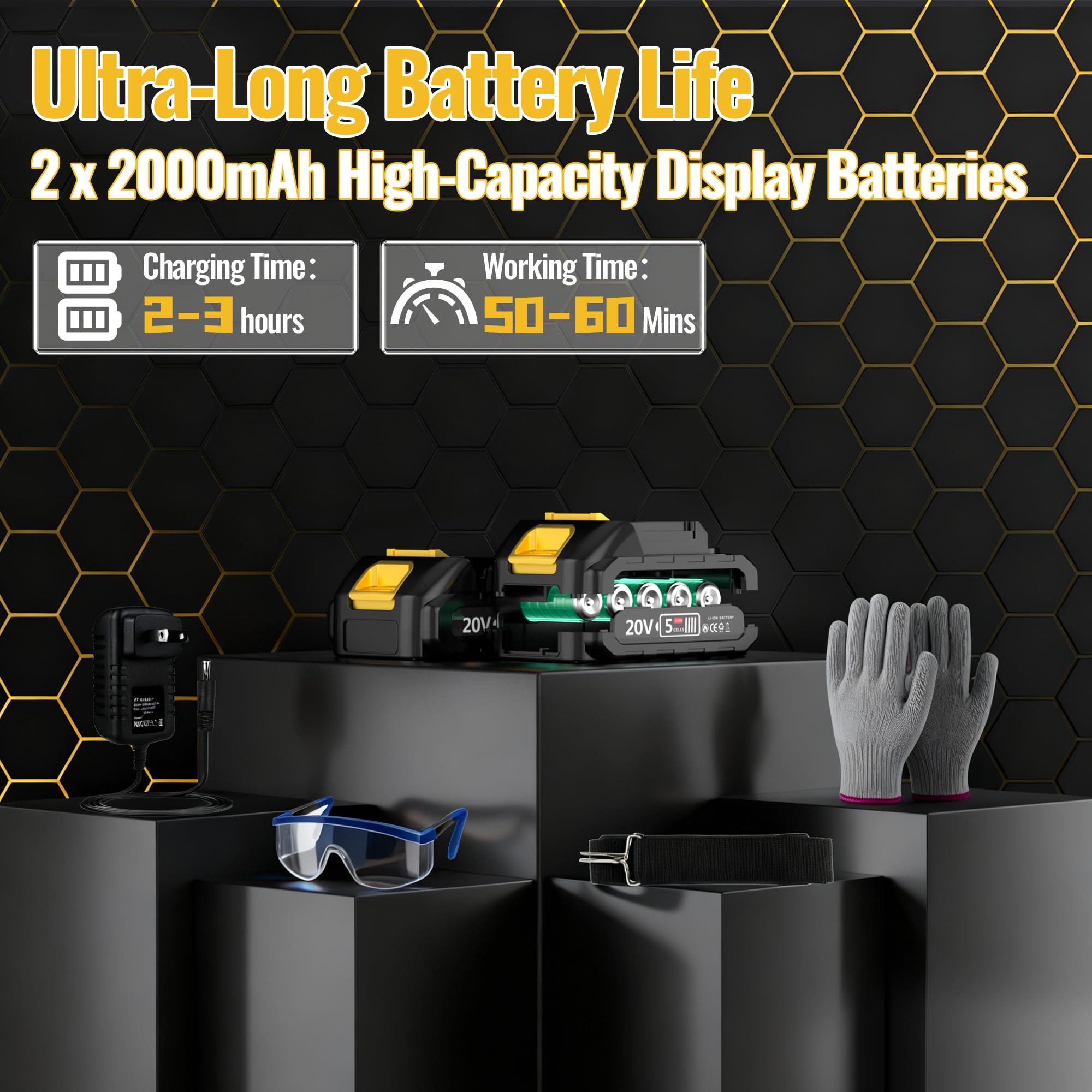Firehelp 2000mAh battery pack provides long-lasting power for yard work.