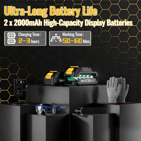 Firehelp 2000mAh battery pack provides long-lasting power for yard work.