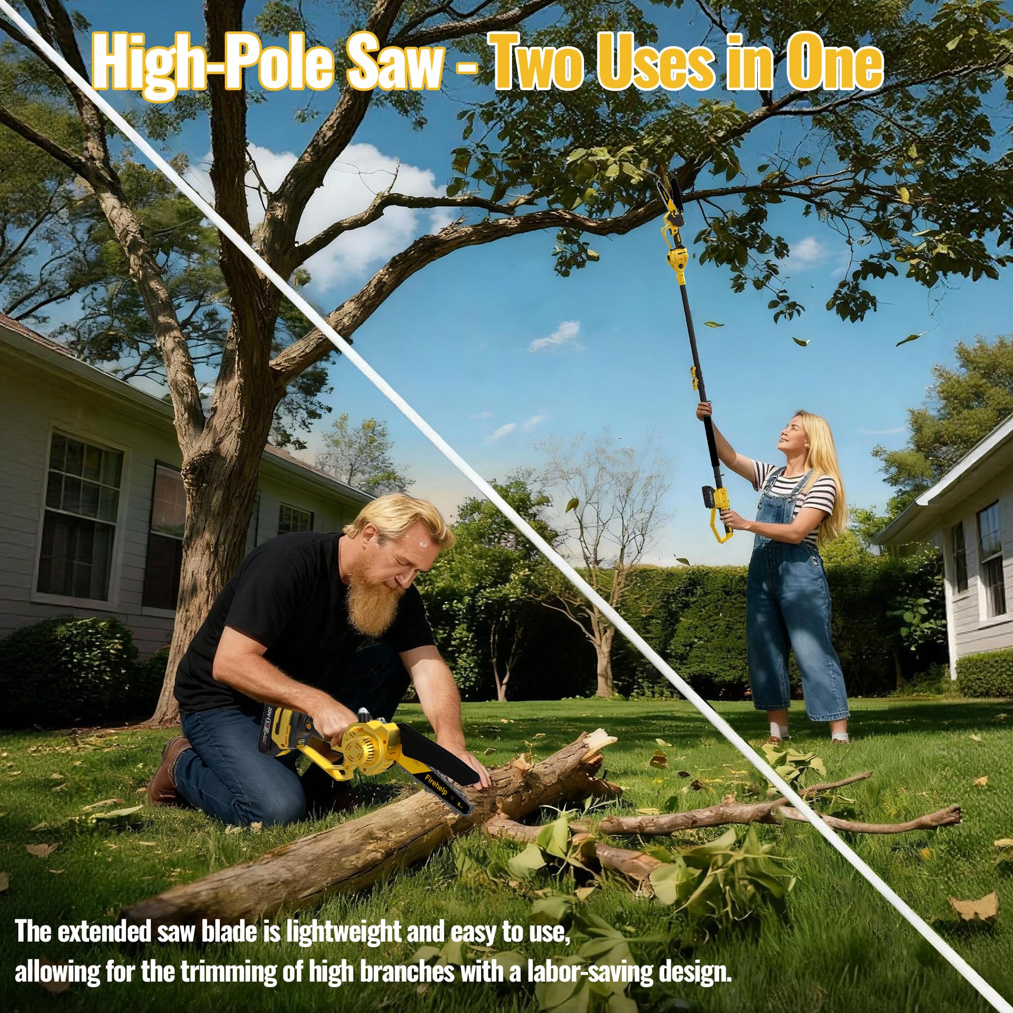 Firehelp extended-reach pole reaching tall branches from the ground.