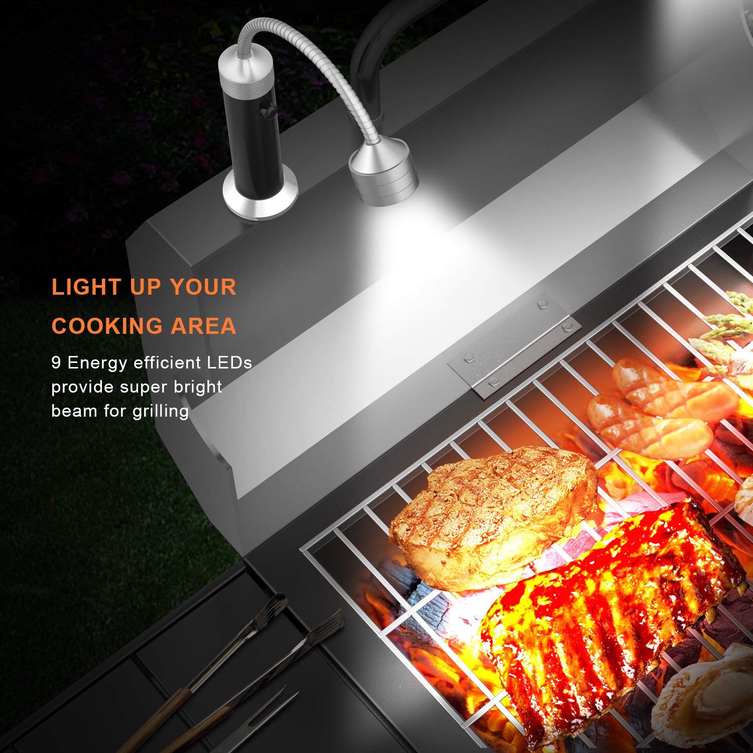 FIREOR barbecue light with flexible gooseneck for precise beam positioning.