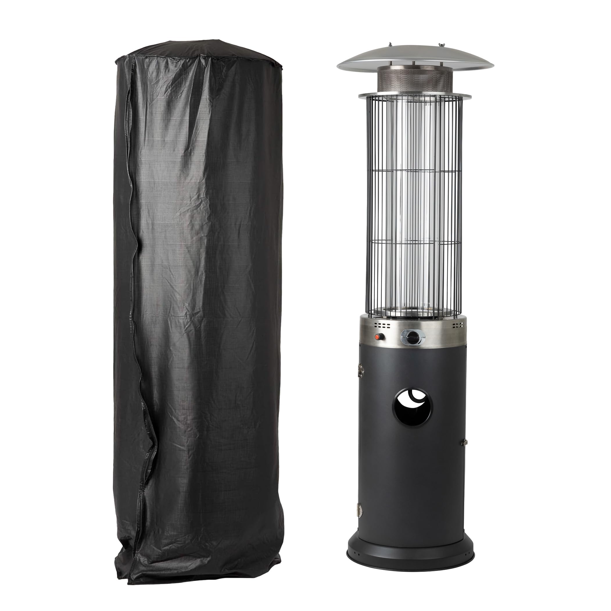 Fire Sense full-length vinyl cover shields spiral flame LPG heater from the elements.