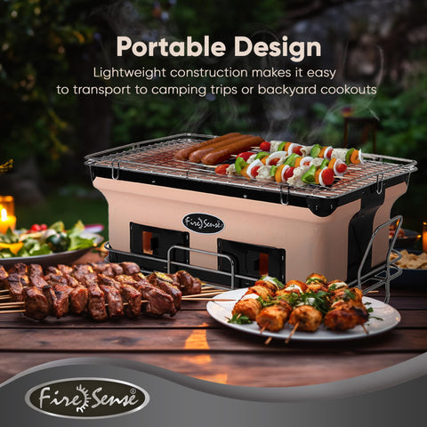 Fire Sense Yakatori handmade clay construction for steady heat and tenderness.