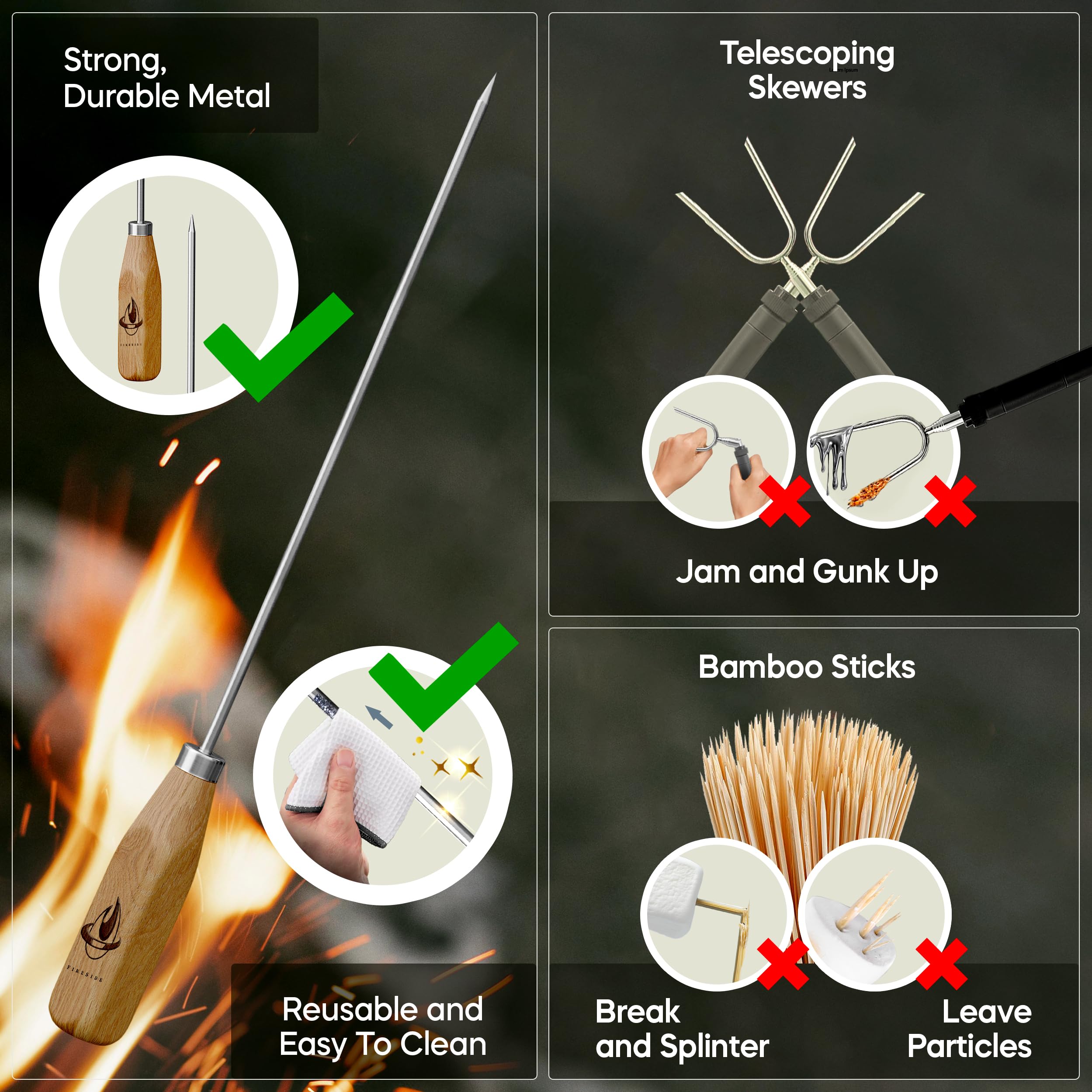 Fireside extra-long skewers maintain distance from flames