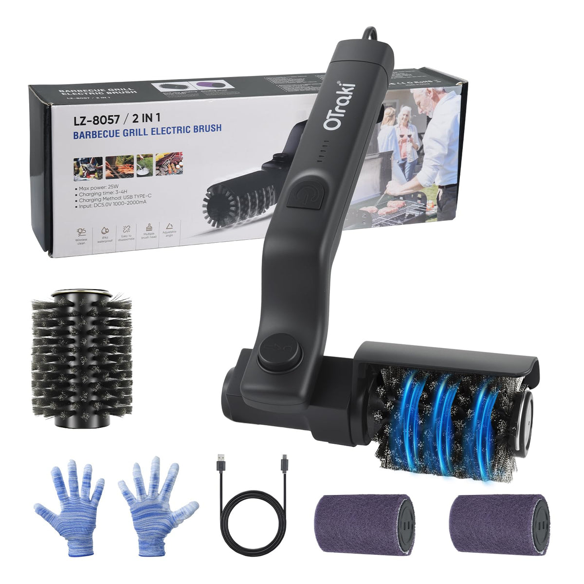 FIRINER electric grill brush with 180° rotating head for safe cleaning.