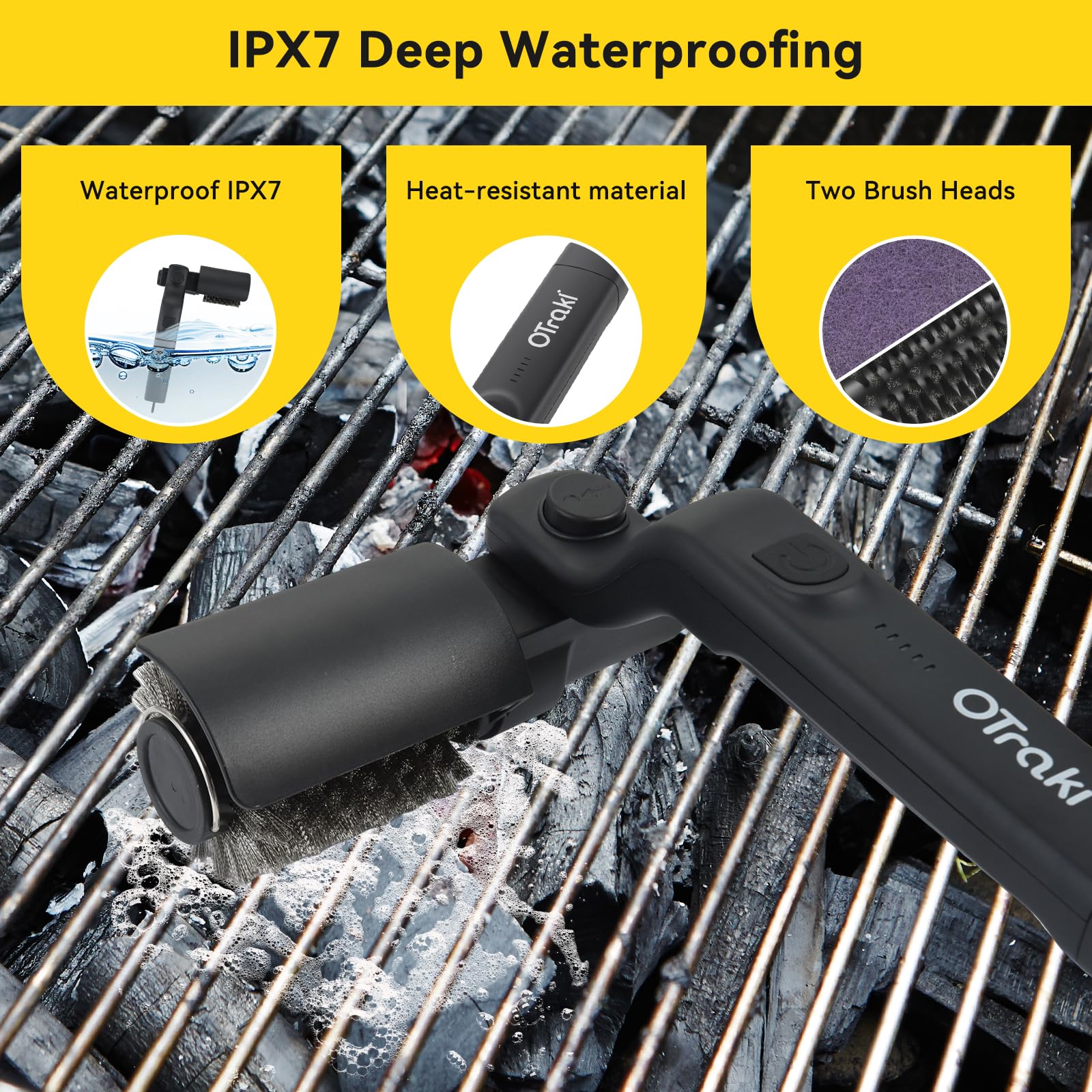 FIRINER electric grill brush high-speed rotation cleans stubborn residue.