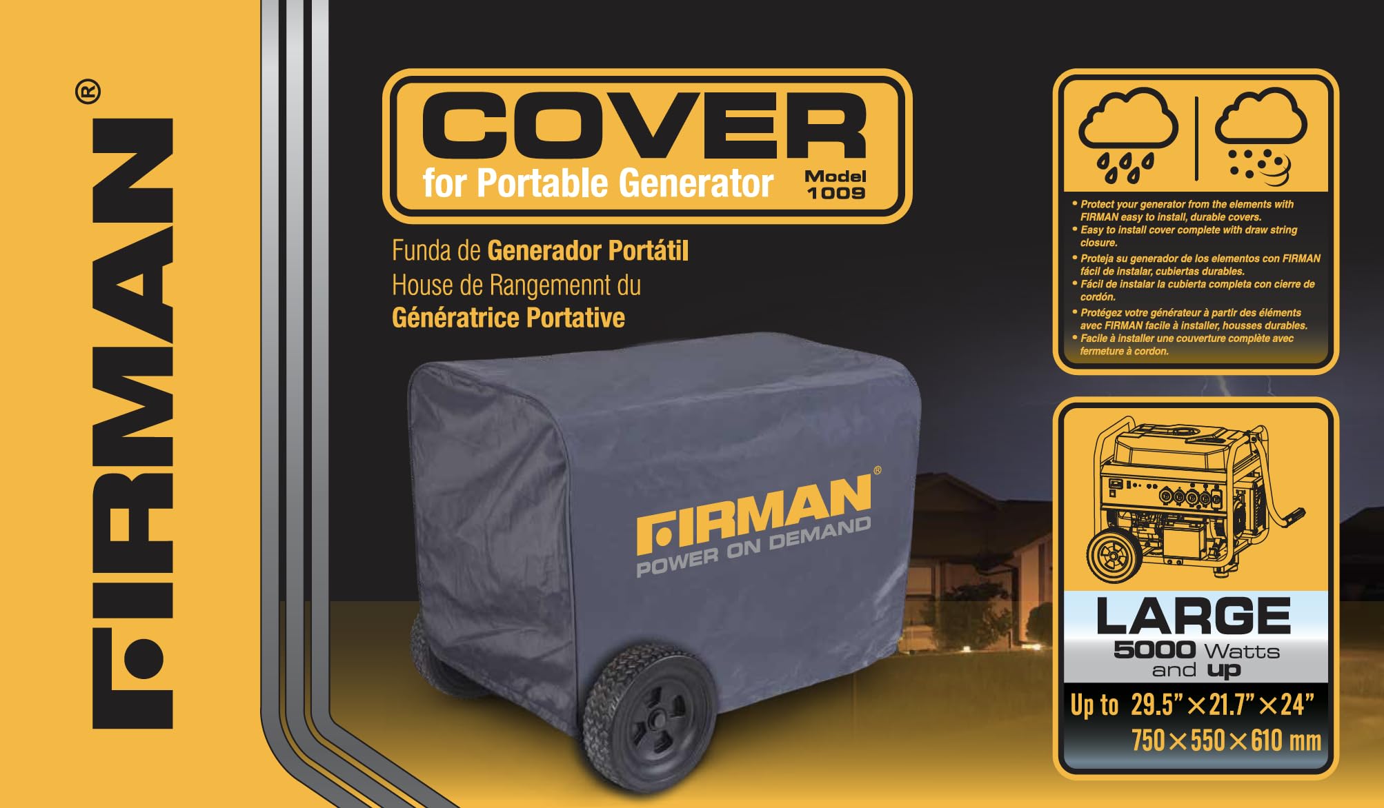 Firman 1009 drawstring closure secures the cover in windy outdoor conditions.