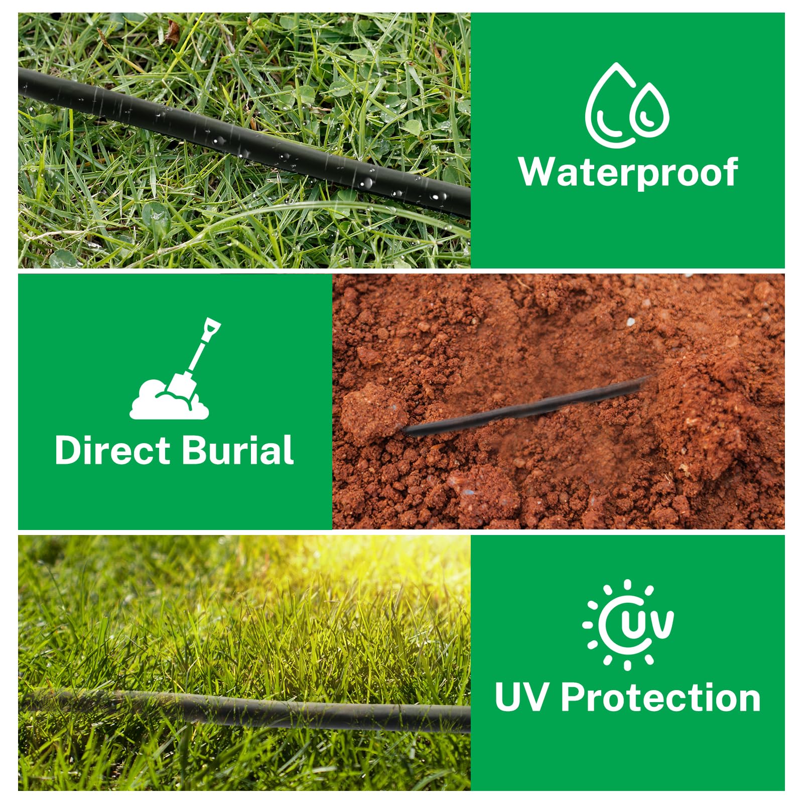 FIRMERST waterproof direct burial sprinkler cable withstands outdoor conditions.
