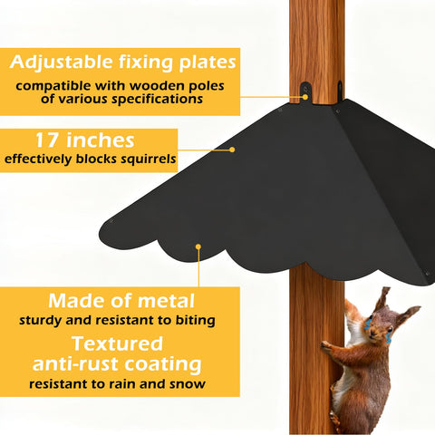 Firmlly 17-inch wide squirrel baffle prevents squirrels from gripping the feeder.
