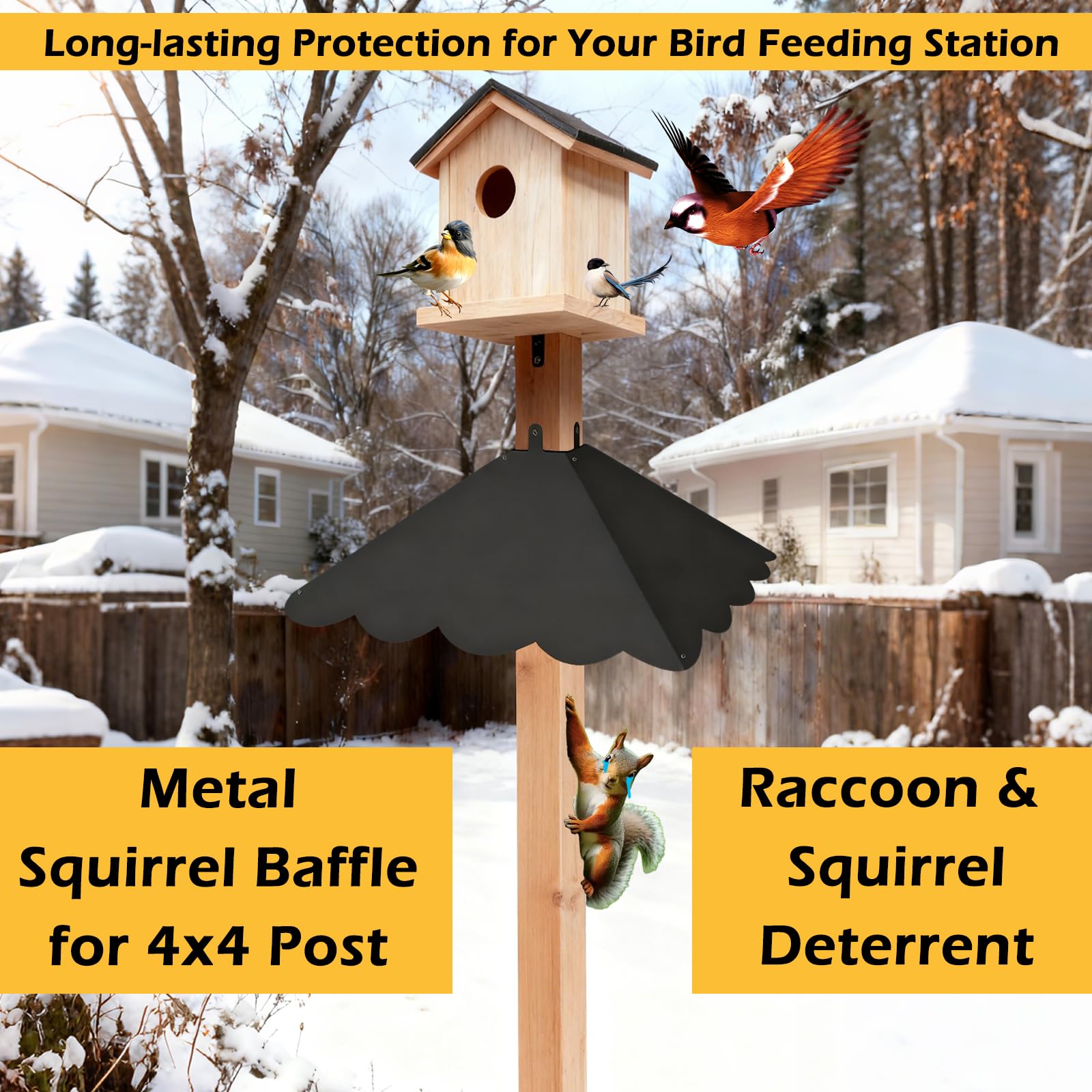 Firmlly squirrel baffle with round pole attachment keeps feeders safe and accessible for birds.