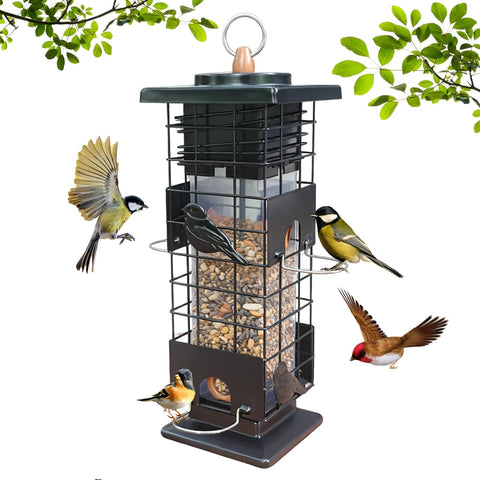 Firmlly squirrel-proof feeder outdoors with hanging setup showing design details