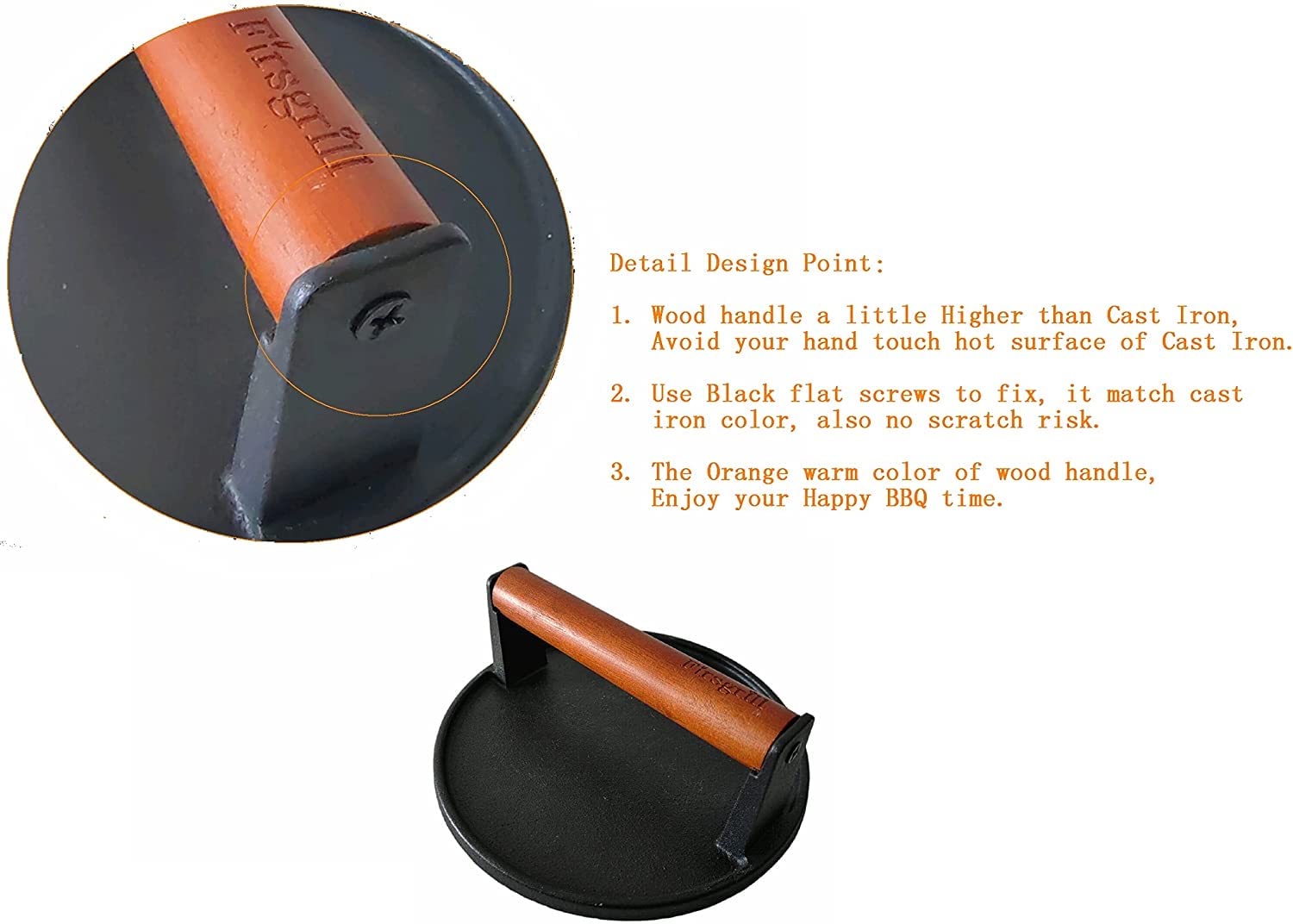 Firsgrill cast iron press with wood handle on a hot grill for consistent heat.