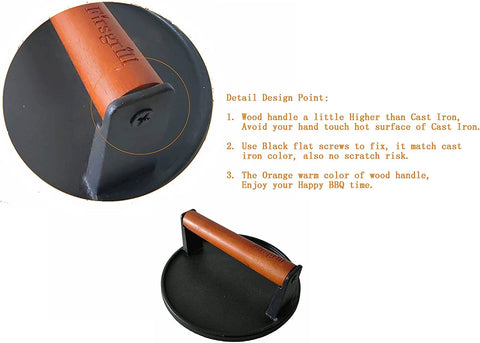 Firsgrill cast iron press with wood handle on a hot grill for consistent heat.