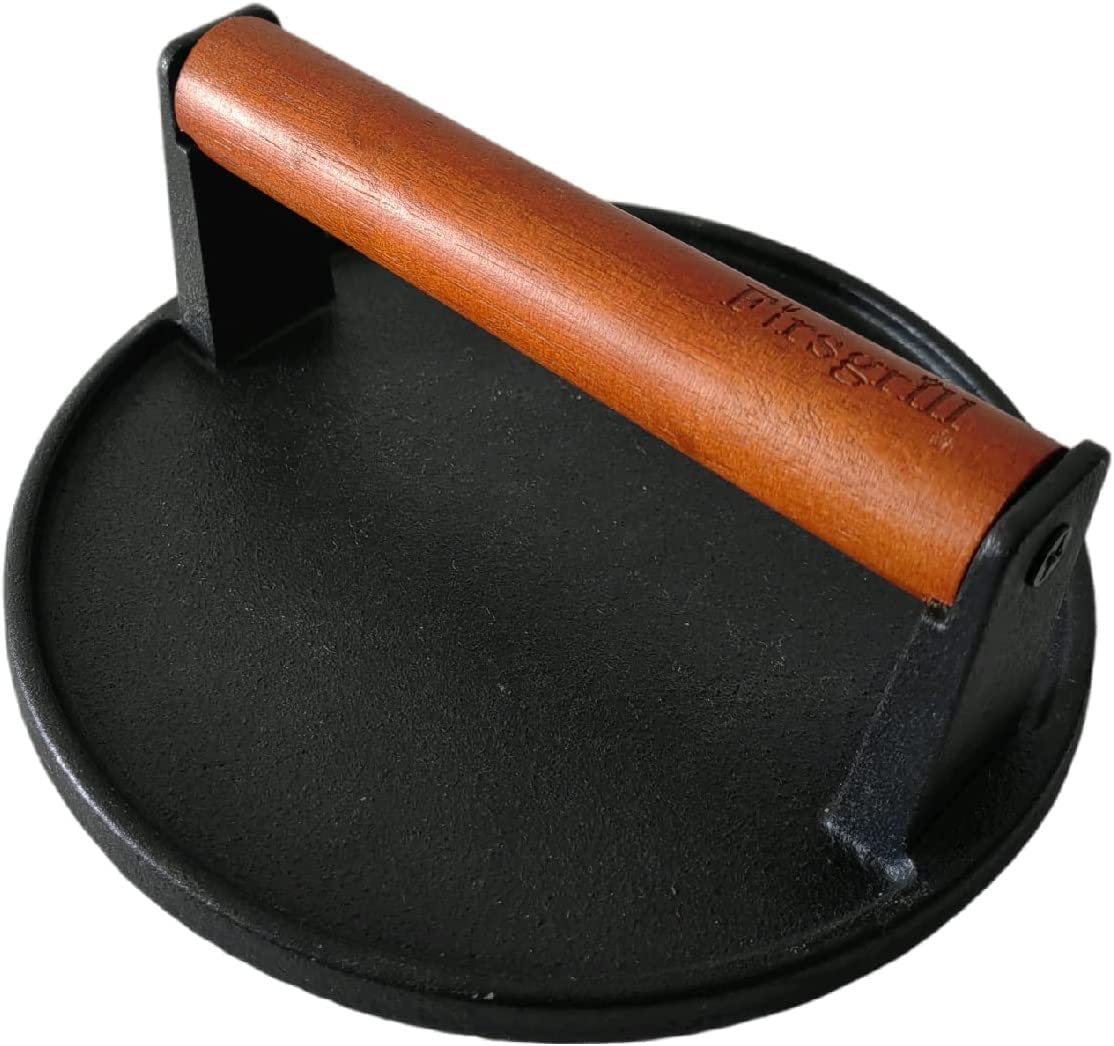 Firsgrill cast iron press with stay cool wood handle for safe cooking.