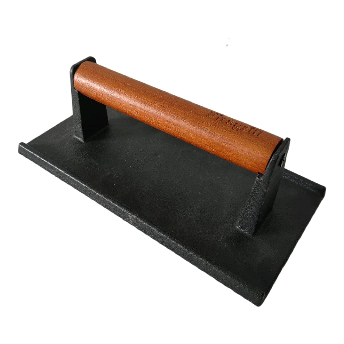 Firsgrill cast iron press with wood handle for even searing on grills