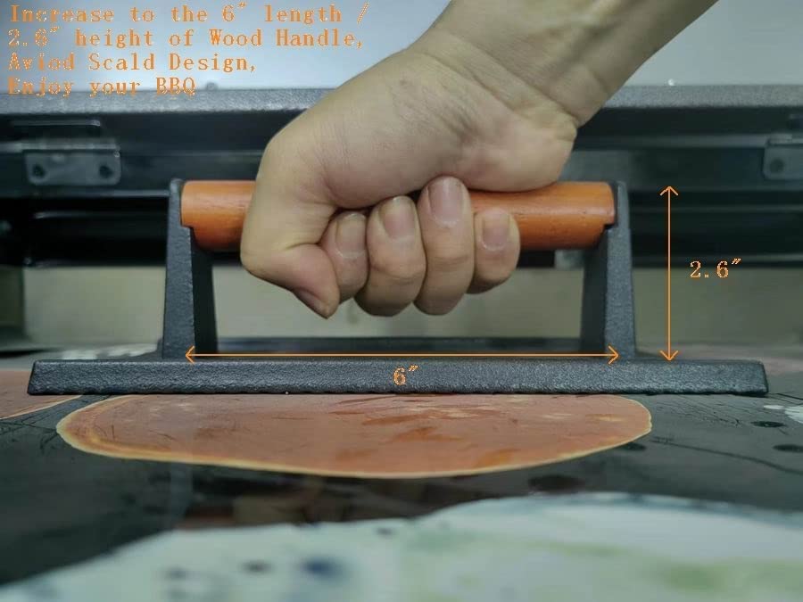 Firsgrill press with cool-touch wood handle for safe grip.