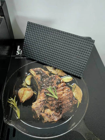 Firsgrill press reduces cooking time while delivering even results.