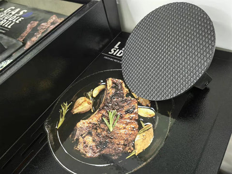 Firsgrill press-on-griddle demonstrates efficient, even cooking on flat-top grills.
