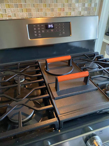 Firsgrill press speeds up cooking on Blackstone or griddle setups.