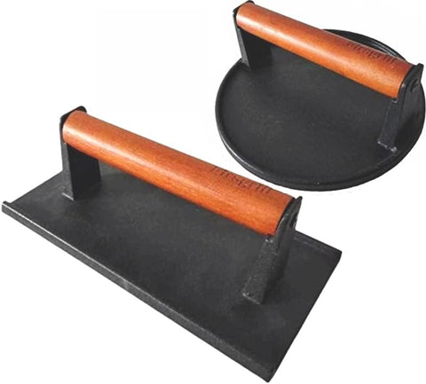 Firsgrill round cast-iron grill press with wood handle for even searing.
